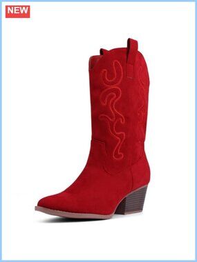 Women's Mid Calf Cowboy Boots Faux Suede Embroidered Block Heel Western